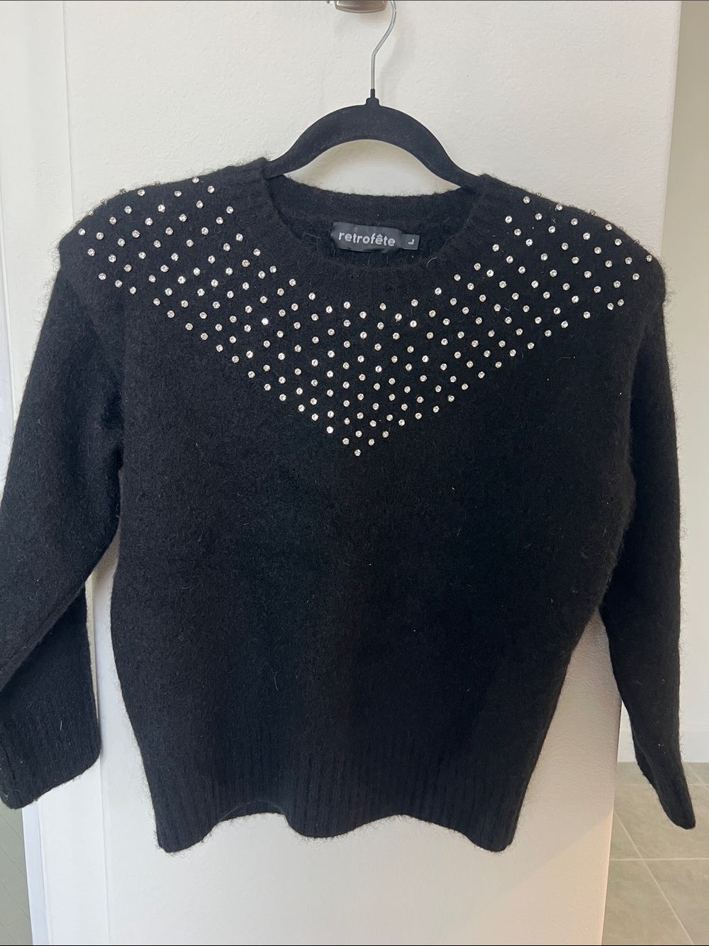 Retrofete Black Crewneck Sweater Wool with Rhinestones